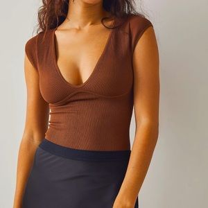 Free People Brown Ribbed Bodysuit